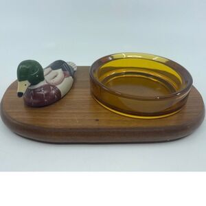 Vintage Price Products Duck Ashtray Holder Amber Glass Wood Tray 1982